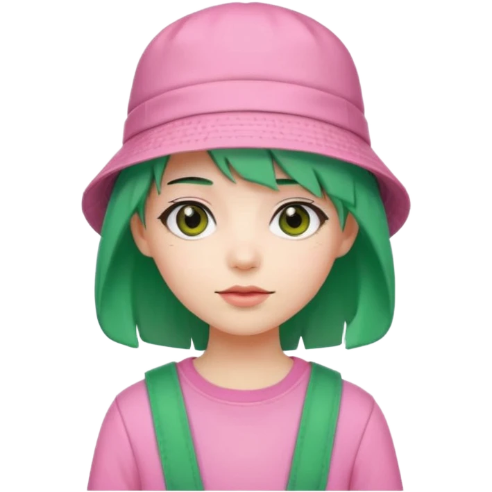 Stylish pink outfit with bucket hat, green hair emoji