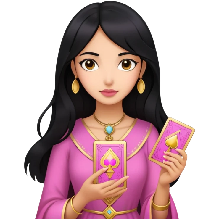 black hair girl with pink pink tarot gold cards emoji