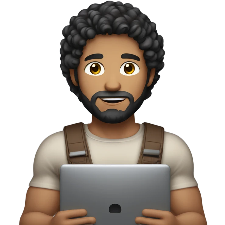 men holding his computer in hands. light brown skin men with curly black hair, dark brown eyes, little grown beard. just a tiny bit muscular. dressed casual. round face. emoji