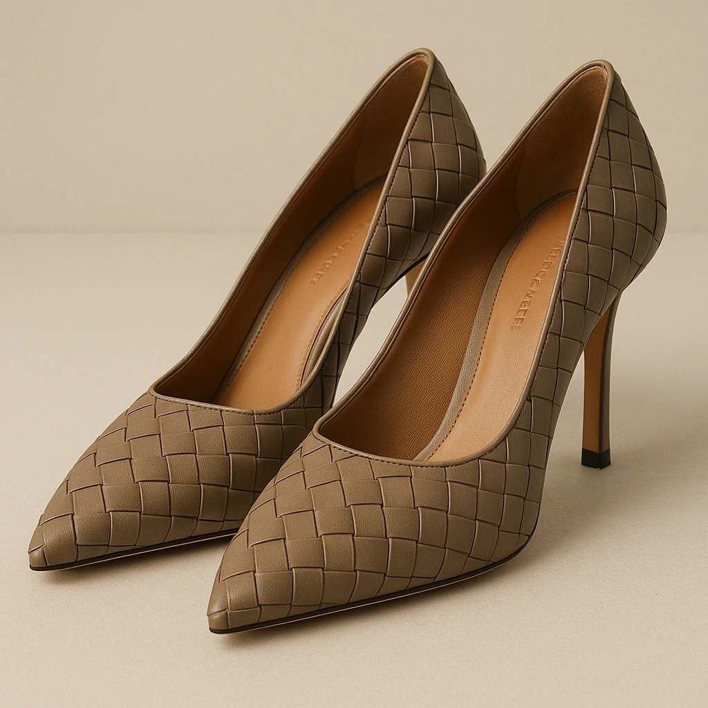Bottega Veneta high-heeled shoes, iconic woven texture, sophisticated look, simple background emoji