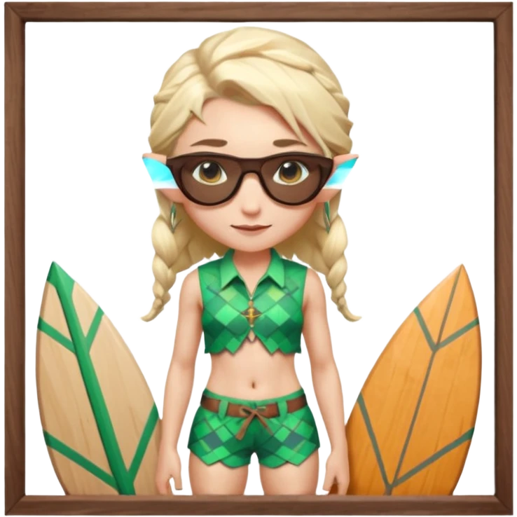 elf female legolas portrait, patterned board shorts (geometric/abstract), unique wooden-framed sunglasses, undercut hairstyle, slight smirk, visible pointy ears, no background, centered emoji, hipster summer vibe coctails  emoji