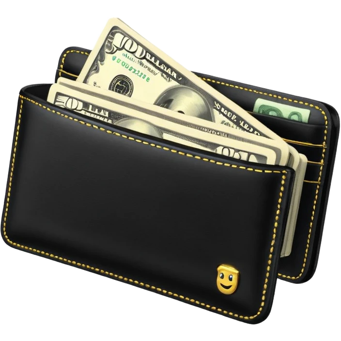 Rich emoji style black leather wallet with dollar bills, luxury money vibe, premium 3D emoji, ultra clean, high detail, no background emoji