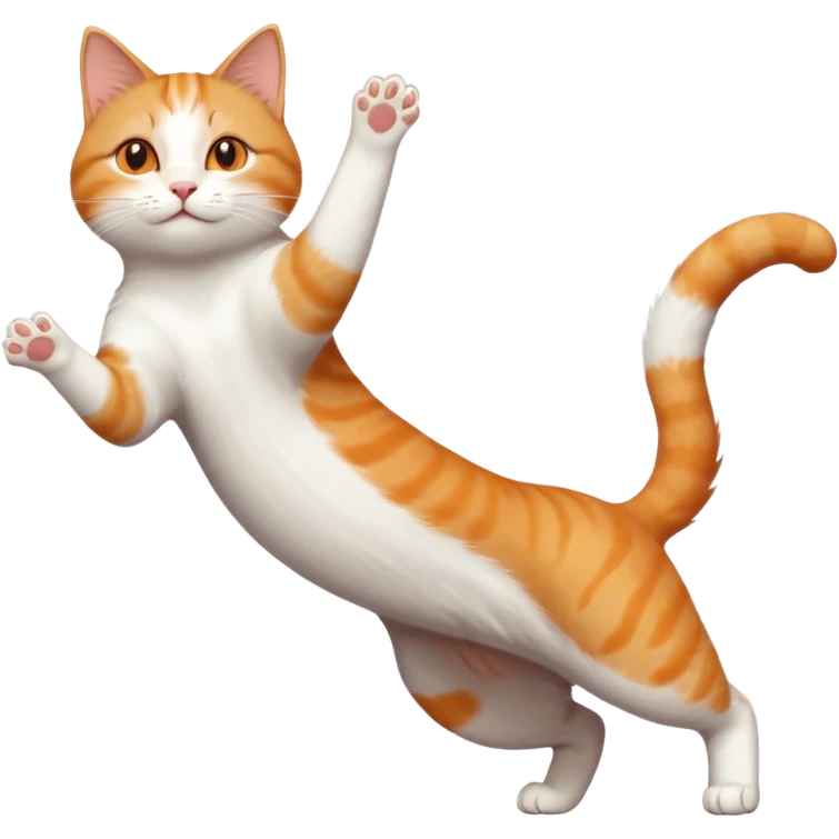 ginger and white cat with orange eyes doing a big extremely long stretch reaching up into the air with arms and legs side by side together straight and overextended whilst lying on its side emoji