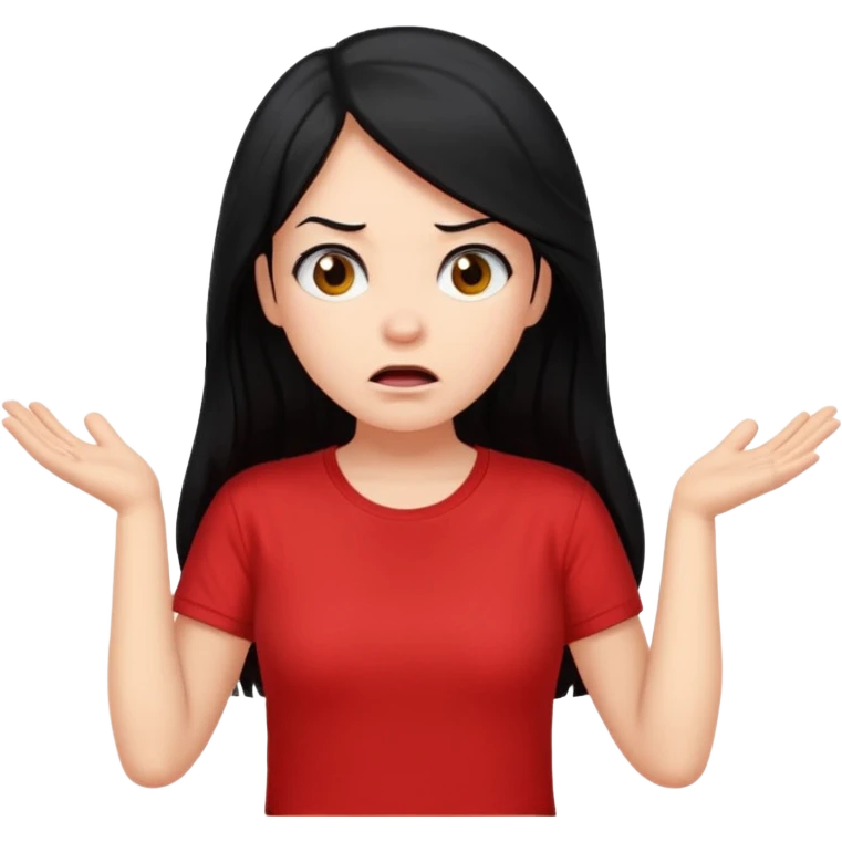 빨간색 티셔츠를 입고 긴 검정머리를 가진 여성이 모르겠다는 듯이 어깨를 올리는 제스처를 하고있음 🤷🏻‍♀️ emoji