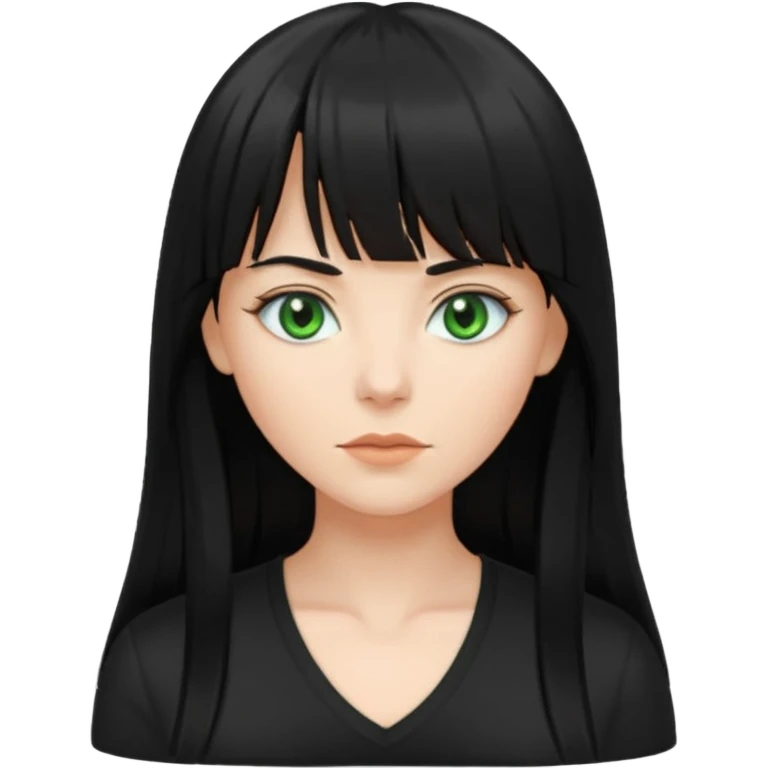 A white woman with Long straight hair with bangs, black hair, green eyes and a low-cut shirt emoji
