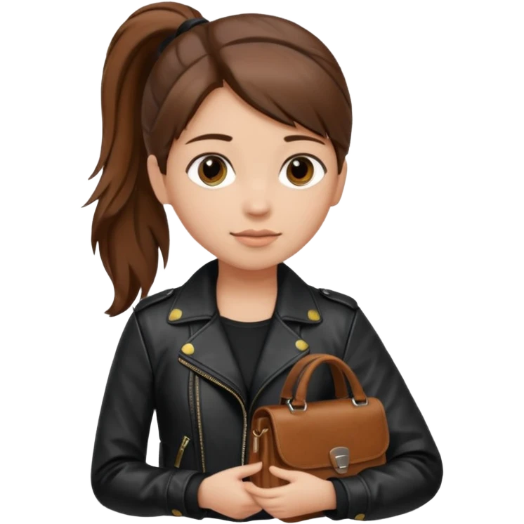 A girl with a pony tail brown hair and white ish skin with a black jacket and a brown purse  emoji