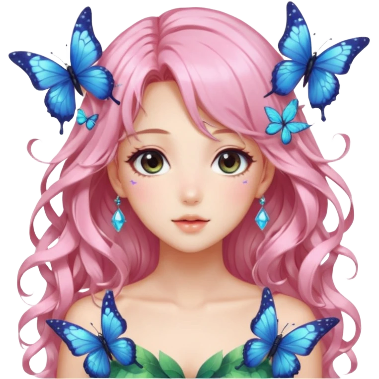 gorgeous shiny blushing anime lady with butterflies and beautiful hair fairycore high quality detailed vogue trending aesthetic emoji