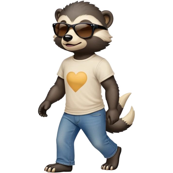 friendly anthropomorphised honey badger in jeans and a t-shirt, wearing sunglasses, walking upright, relaxed pose emoji