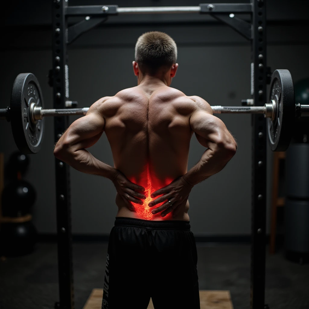 realistic photo of a crossfit athlete during weightlifting exercise, stopping due to back pain, hand on lower back, visible muscles, intense atmosphere, gym background emoji