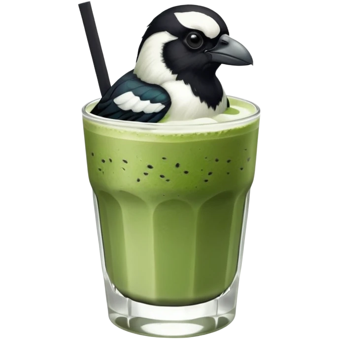  ONE Australien Magpie (just black and white feathers) sitting on an iced matcha latte on the edge of the glass. It has green matcha on its beak indicating it drank. The iced matxha latte is in a see through glass and white from the oat milk on the bottom and green on top… one straw and ice cubes emoji