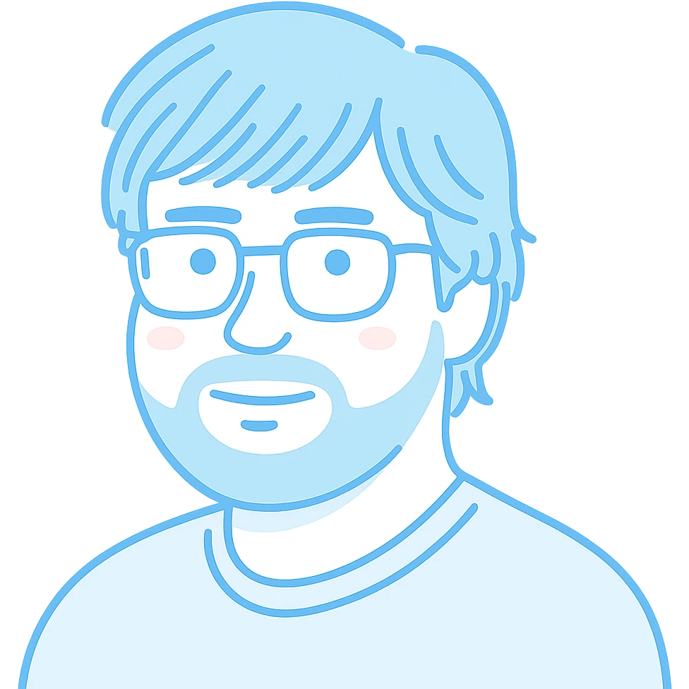 A man with stylish glasses, attractively disheveled longer hair that still looks nicely styled with perfect bangs across the forehead, a round face shape, and a broader nose. Use light sky blue for all primary outlines and details, very subtle pink highlights restricted to the cheeks, and gray tones used only for the beard and minimal shadow details where necessary. emoji