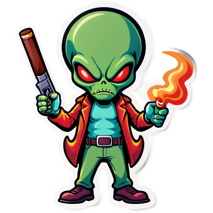 Angry cartoon alien with a cigar in its mouth and a pistol in its waistband emoji