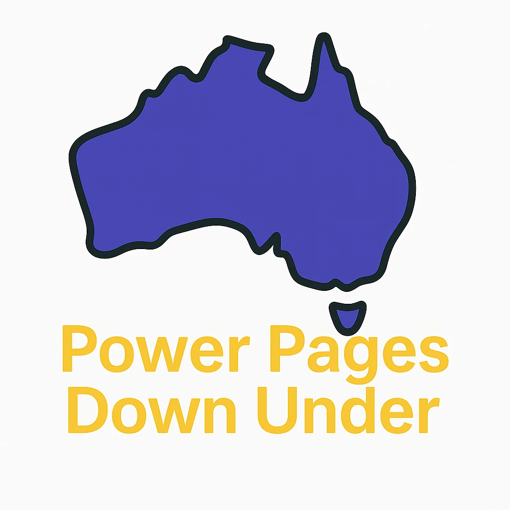 Remove the Power Pages icon. Only show the map of Australia with the text 'Power Pages Down Under' in a clean, modern font. Use #403DAD, vibrant purple, and #fff7ad as accent colors. No digital web overlay emoji