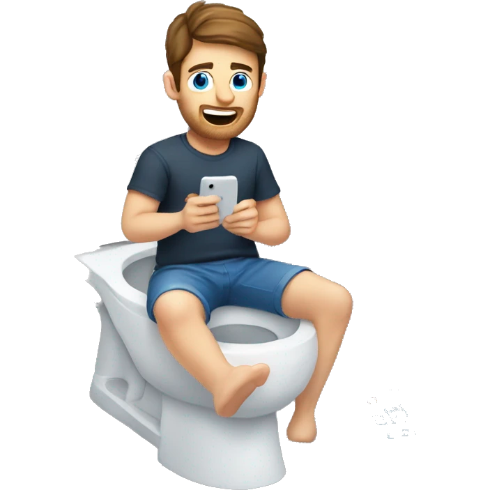 White man with brunette hair and blue eyes sitting on the toilet holding a phone emoji