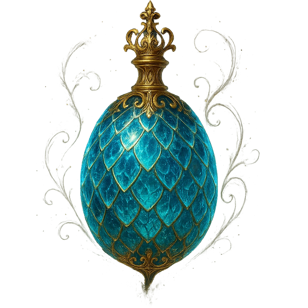luxurious crystal elixir bottle in an oval shape resembling a dragon egg, with magical scale patterns on the surface, lots of glowing, edges, ornaments, golden details, magical effects, very small golden neck, transparent background, beautiful merging bottom, clearly floating in the air, no base or shadow, premium class impression, magical and mysterious design fitting a collection of crystal, luxurious, magical bottles emoji