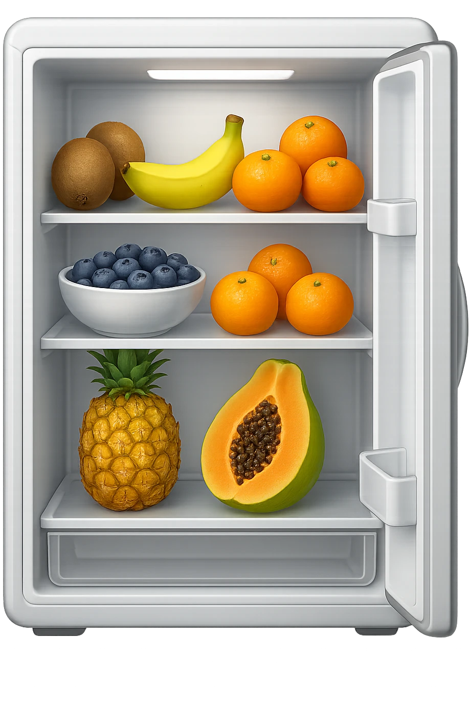 emoji stile iphone di un frigo aperto con dentro ben visibili questi alimenti: Kiwi
Banana acerba
Arance e mandarini
Mirtilli
Ananas
Papaya
IPERREALISTICO 4K emoji