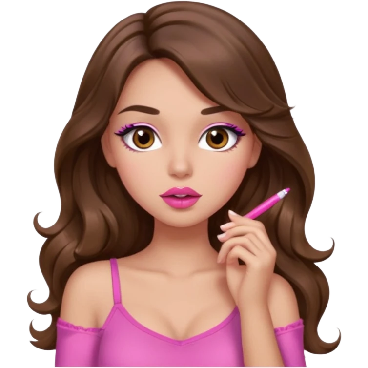 girl with long wavy brown hair, brown eyes, light to medium complexion, in a pink sexy top, pink lips, long lashes, shhhh emoji