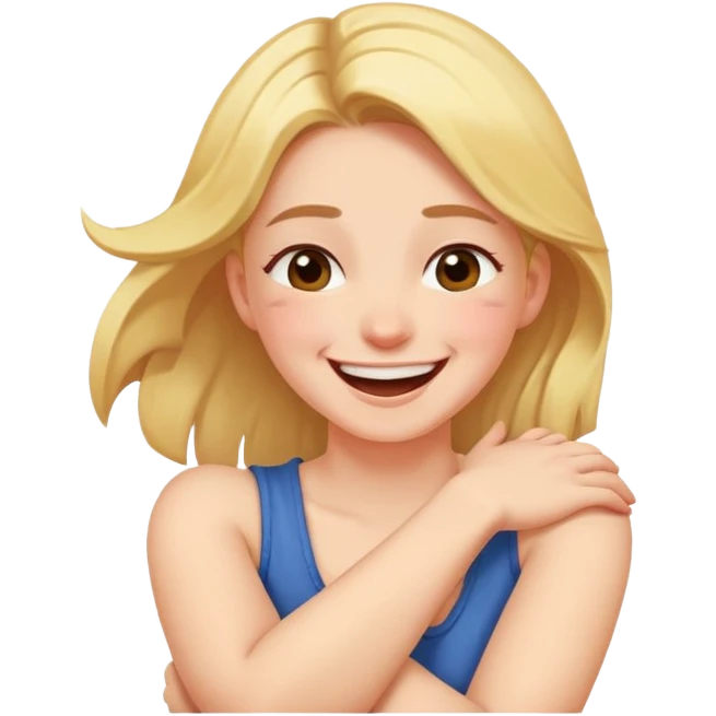 girl crossing arms on her neck laughing but not all the way emoji