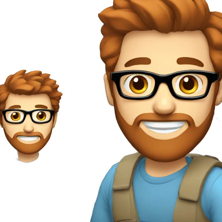 happy men with blue eyes, brown hair and red beard with glasses coding on computer emoji