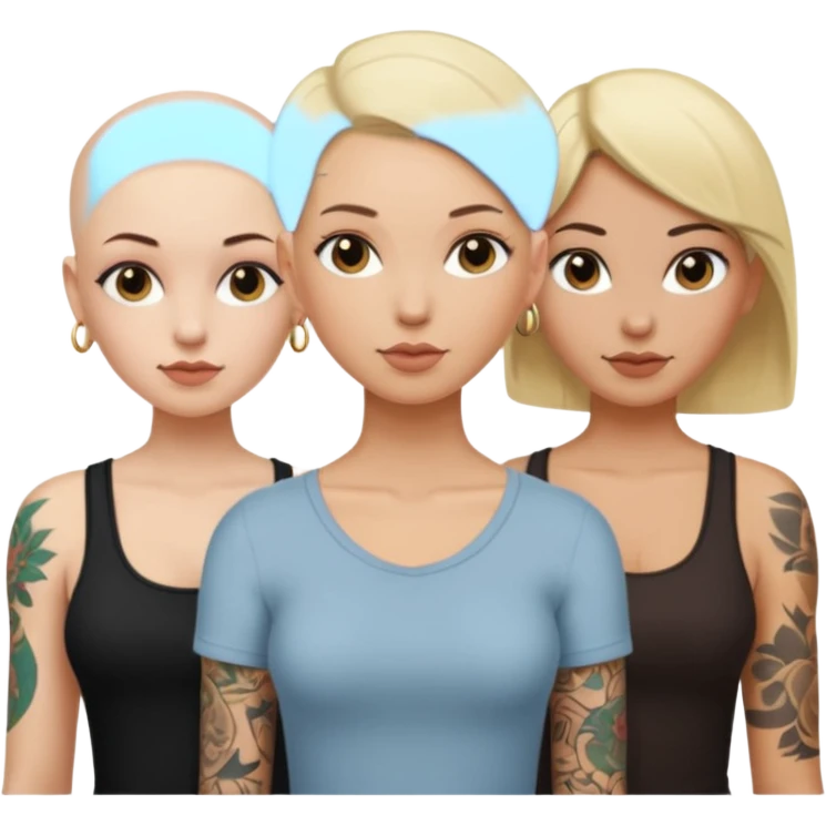 throuple blonde femaleand brunette female with bald tattooed emoji
