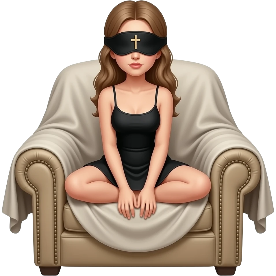 The female realistic skinny  figure is in a crouching on the armchair covered with heavy fabric. The most prominent detail is the black eye mask with a small figurine of the crucified Jesus sewn between the eyes emoji