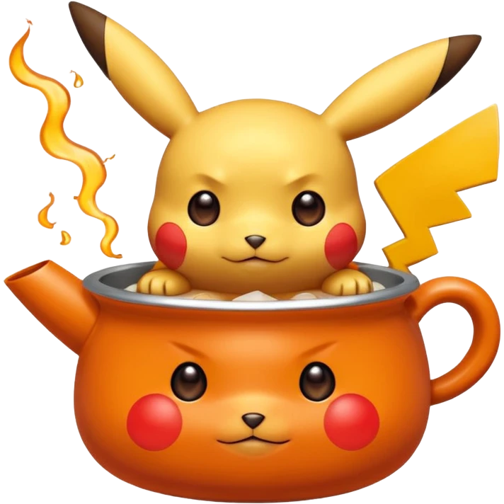 Un Pikachu rouge qui et triste avec des éclairs en fond et il a fait caca et pipi dans un pot orange et une montagne derrière  emoji