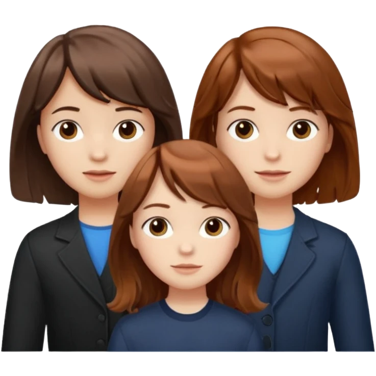 Two girls and a boy. Girl one has long, wavy, light to reddish-brown hair with bangs. Girl two has a dark-colored bob haircut. The boy has wavy, tousled, light to reddish-brown hair with a right side parting.
 emoji