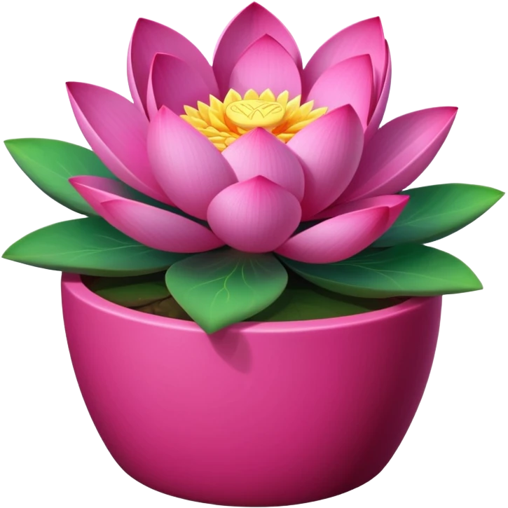 Decorative fuchsia-colored flower pot with a lotus flower plant; the pot is shallow emoji
