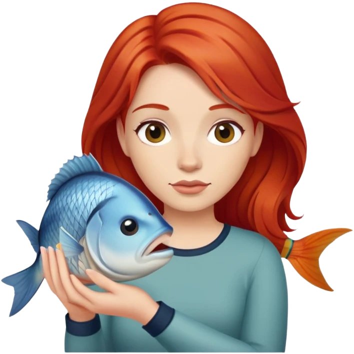 woman with red hair holding fish emoji