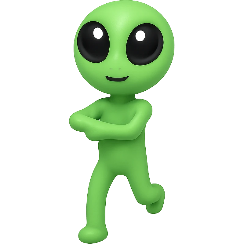 Create a neon green alien dancing, almost identical to the reference image, with minimal changes in the positions of arms and legs, looking straight ahead. This is frame 1 of an animation. PNG format with transparent background. emoji