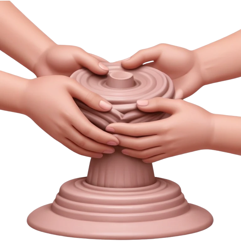 hands performing palm hug gesture on a pink mound of clay on a silver pottery wheel, gently hugging the clay to maintain moisture emoji