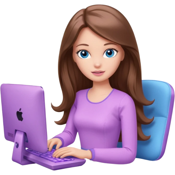 beautiful barbie girl with long brown hair, blue eyes and wearing light purple clothes playing computer games emoji