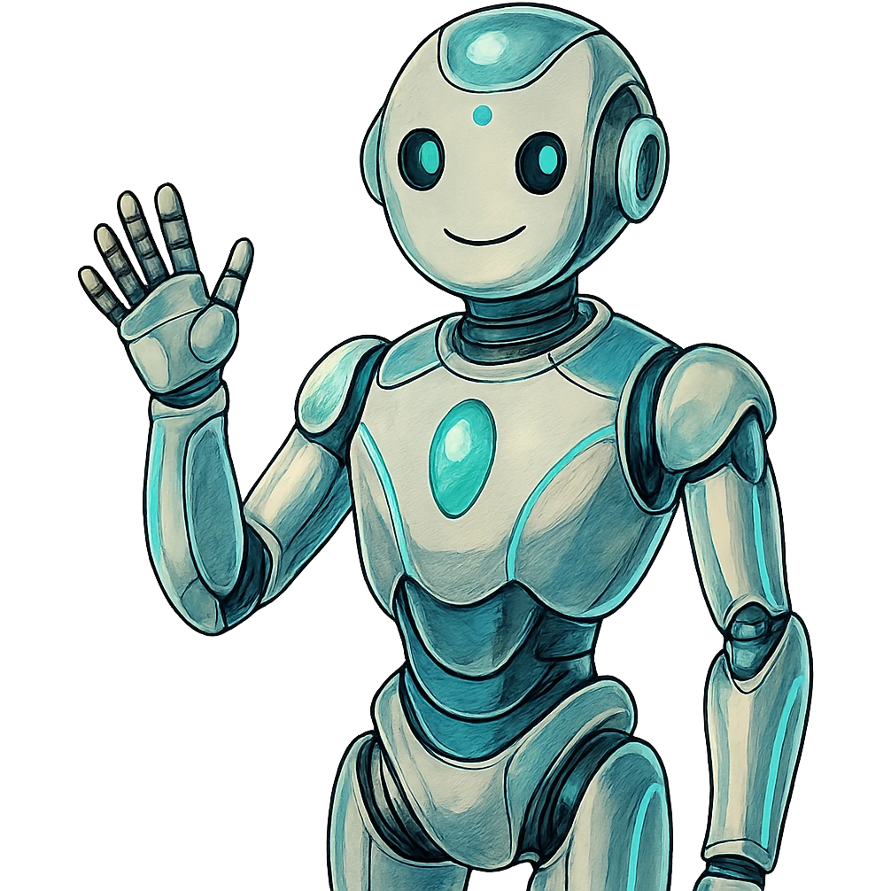 futuristic AI-Ambassador character, sleek humanoid robot with glowing blue accents, friendly expression, chrome and glass elements in ghibli style emoji