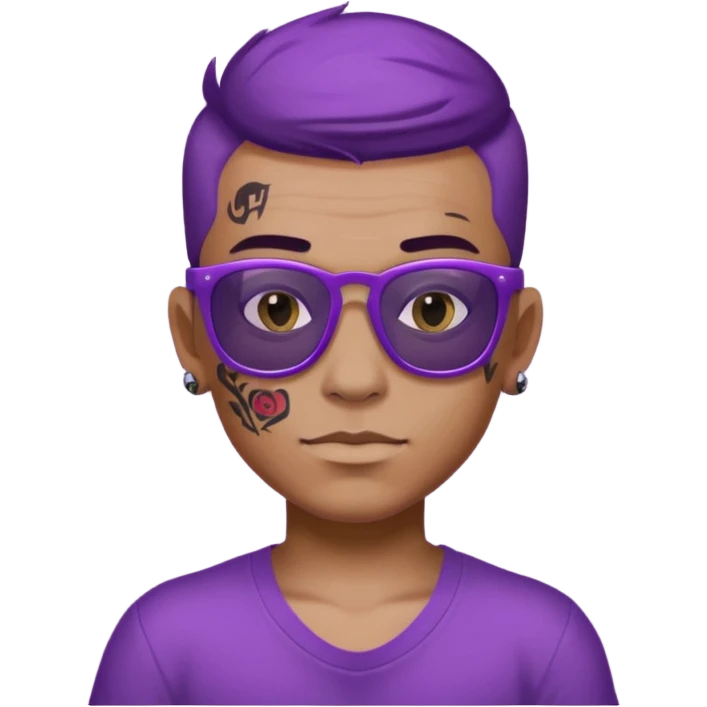 a boy with purple skin and sunglasses that has a tattoo on his forehead that says “gu4nto” emoji