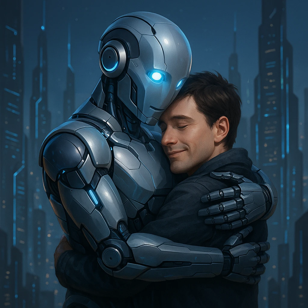 robot hugging human, in a futuristic style emoji