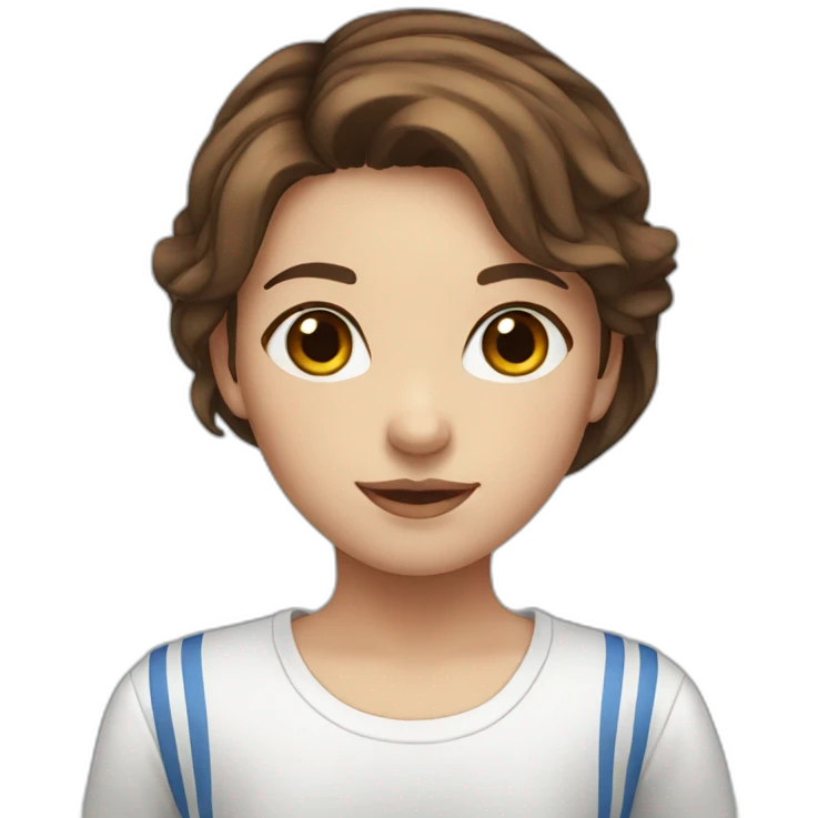 Girl with brown eyes and brown hair and white shirt with blue stripes emoji