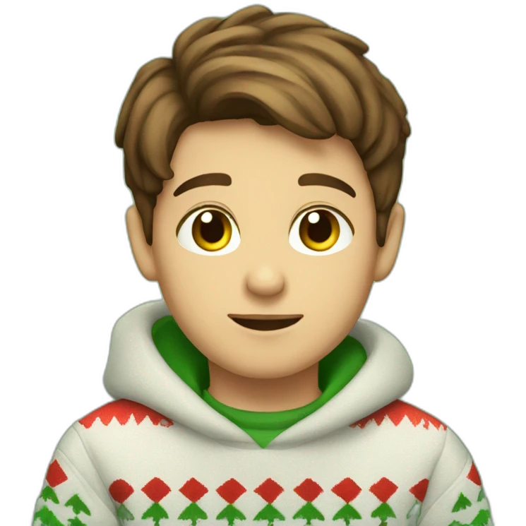 young boy brown hair and eyes sitting in christmas sweather emoji