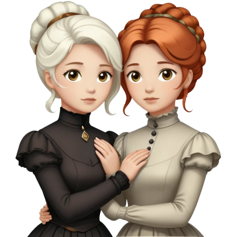 Two Victorian women with light eyes standing close together, one with bright pure white coiffed hair and one with dark copper coiffed hair, both wearing Victorian turtleneck dresses with their arms wrapped tightly around each other emoji