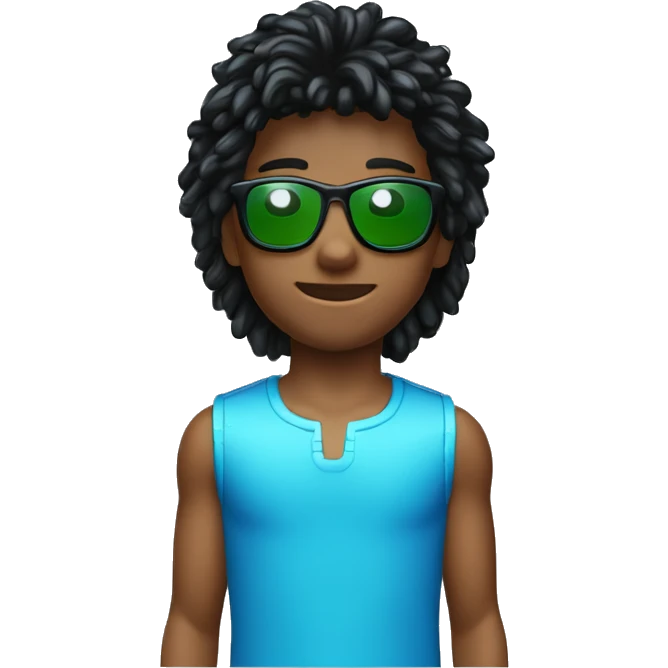 Niño con mullet shagy, pelo negro, ojos grandes y negros, nariz normal. Gafas Y2K (de tecno) grandes con los cristales azules y la montura verde emoji