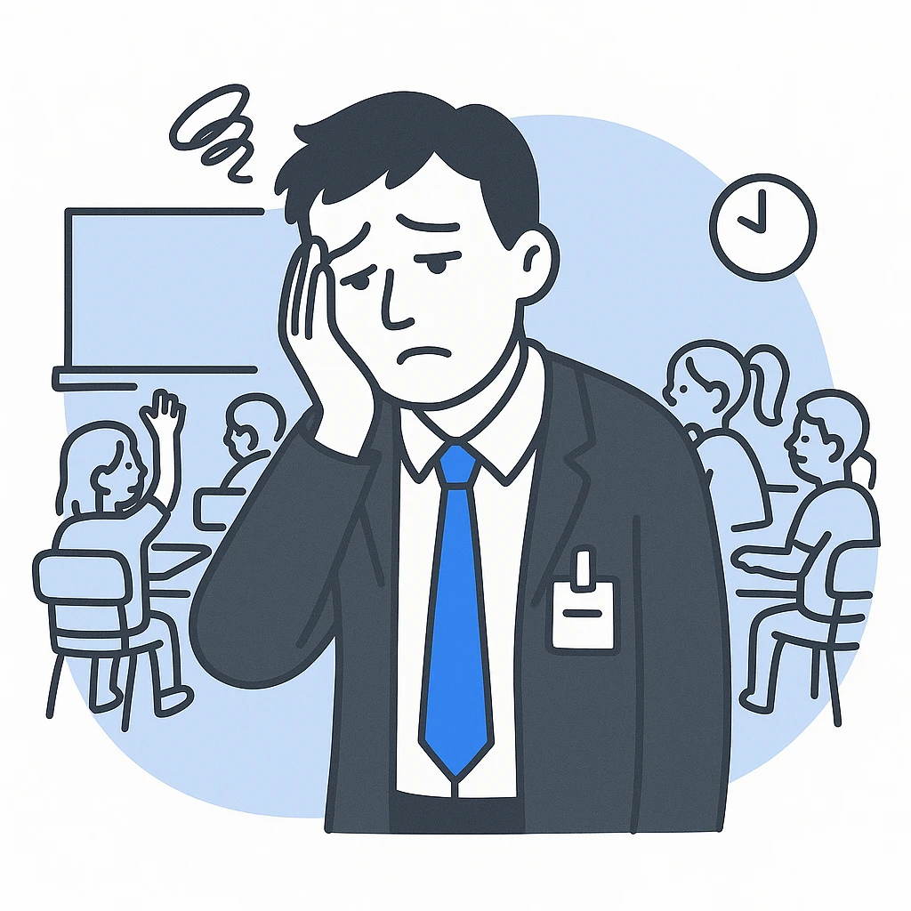 exhausted teacher in a bustling classroom emoji
