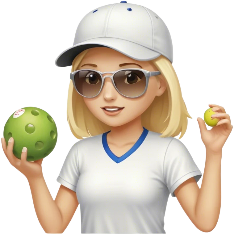 Girl with blond hair  wearing a white baseball cap and sunglasses playing pickleball emoji