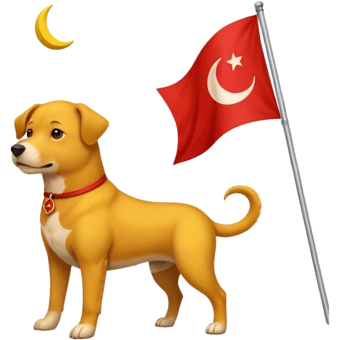 A triangular yellow flag and middle of that flag a red crescent moon within that a Red dog emoji