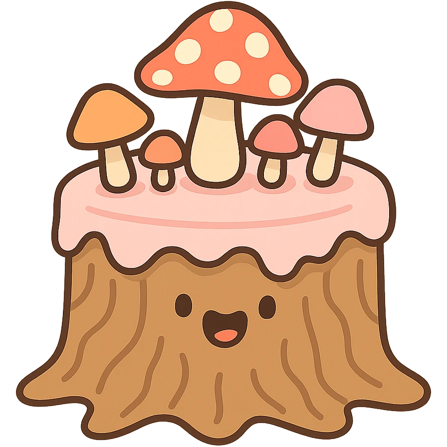 a tree stump cake topped with mushrooms, forest dessert concept, pastel toon style emoji