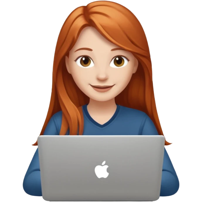 Chica blanca con cabello cobrizo largo vestida de blanco sonriendo en laptop emoji