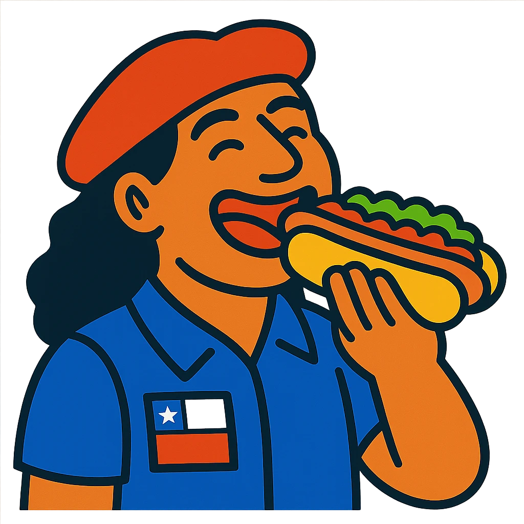 vibrant toon style of a Chilean person happily eating a completo hot dog emoji