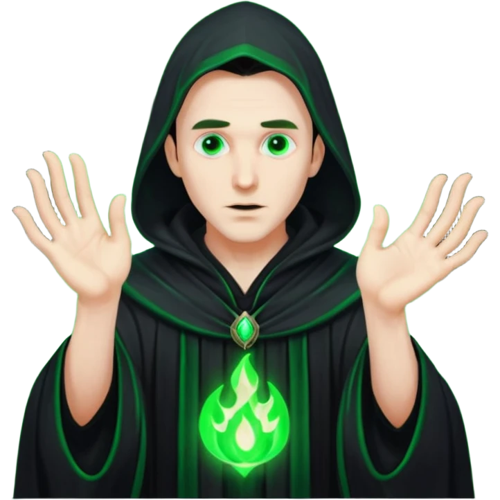 A dark sorcerer in flowing black robes, conjuring eerie green flames emoji