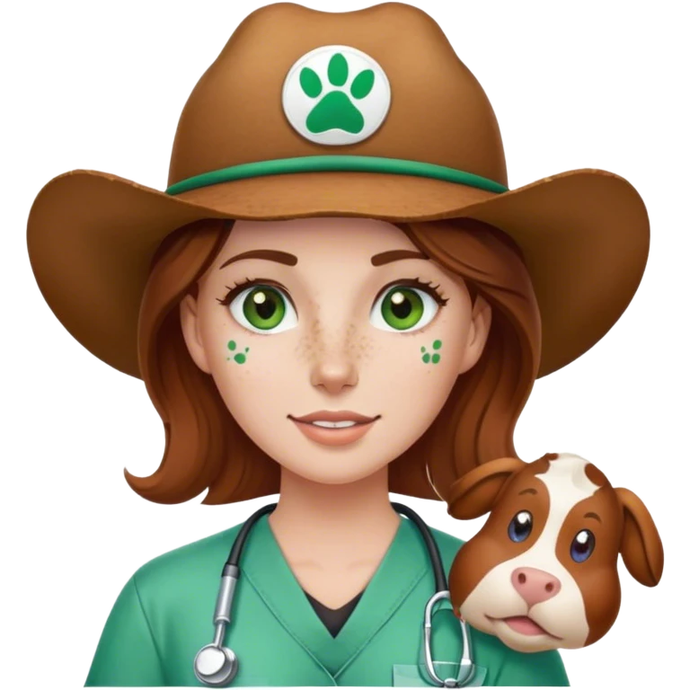 Pale Woman with brown hair and green eyes and freckles on her cheek bones wearing scrubs that have a paw print logo on only the scrubs  and a cow girl hat emoji