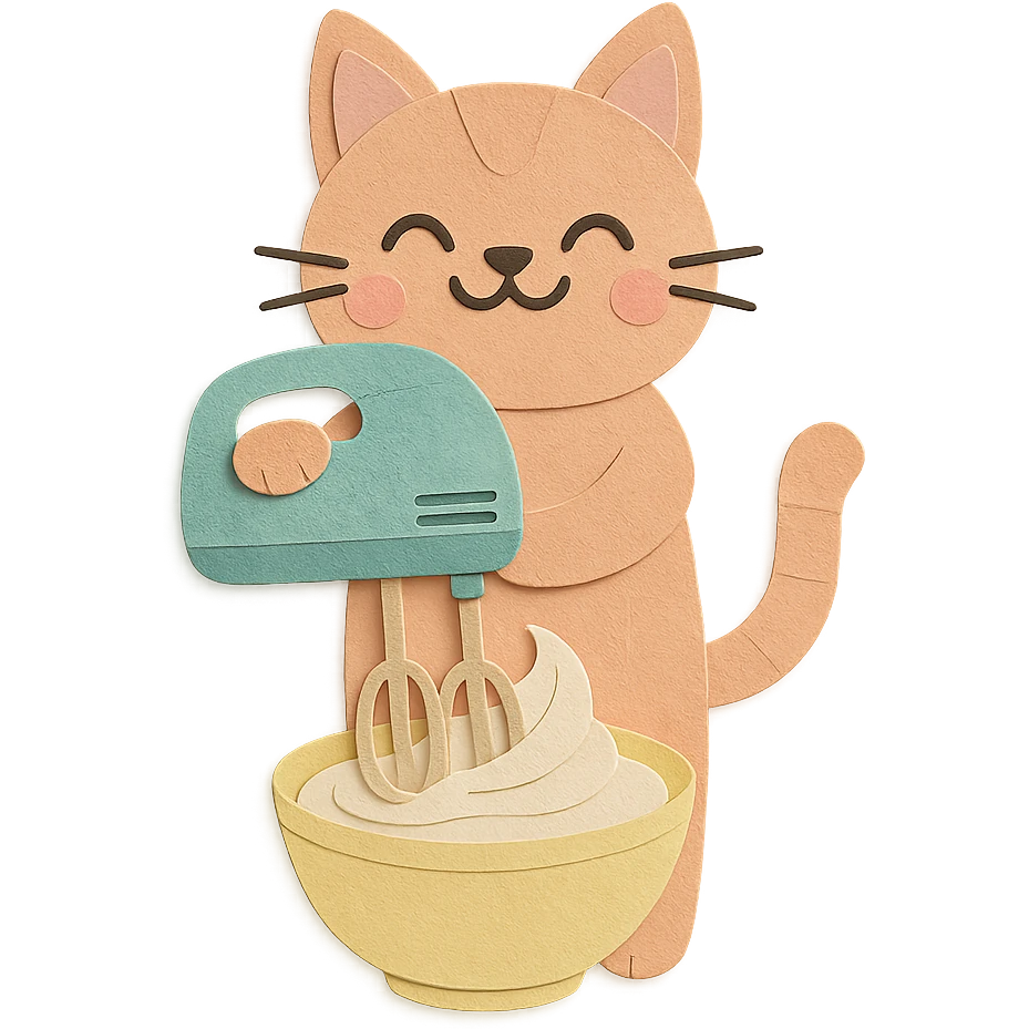 pastel electric whisk cat, spinning cream with a joyful face, full-body emoji
