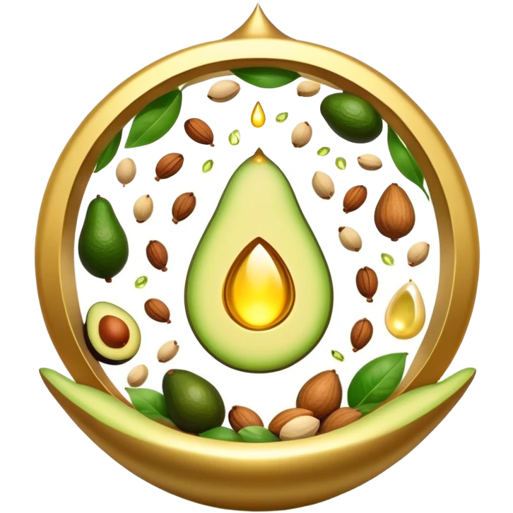 Floating aura in the shape of a golden and jade green drop, with bright icons of avocado, nuts, olive oil and ethereal fish spinning in a circle, surrounding a warm heart and illuminated brain, wrapped in a soft glow of protection and stable energy emoji