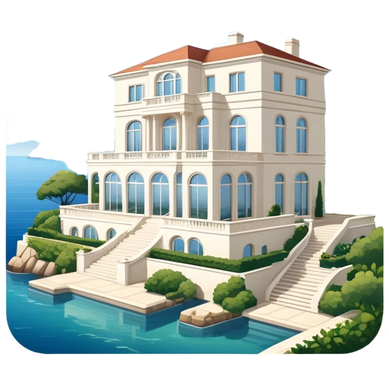 A mansion by the sea, with large windows, a spacious terrace overlooking the water, and a traditional or modern architectural style. The house is typically white or light-colored, with a luxurious and elegant design. Surrounded by beautiful greenery and a calm, scenic view of the coastline emoji